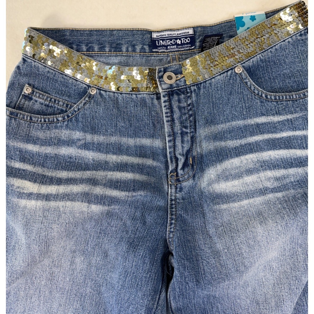 Limited Too Jeans Vintage Y2K Sequin Flare Medium Wash Whisker‎ Hem 7JR New Tags